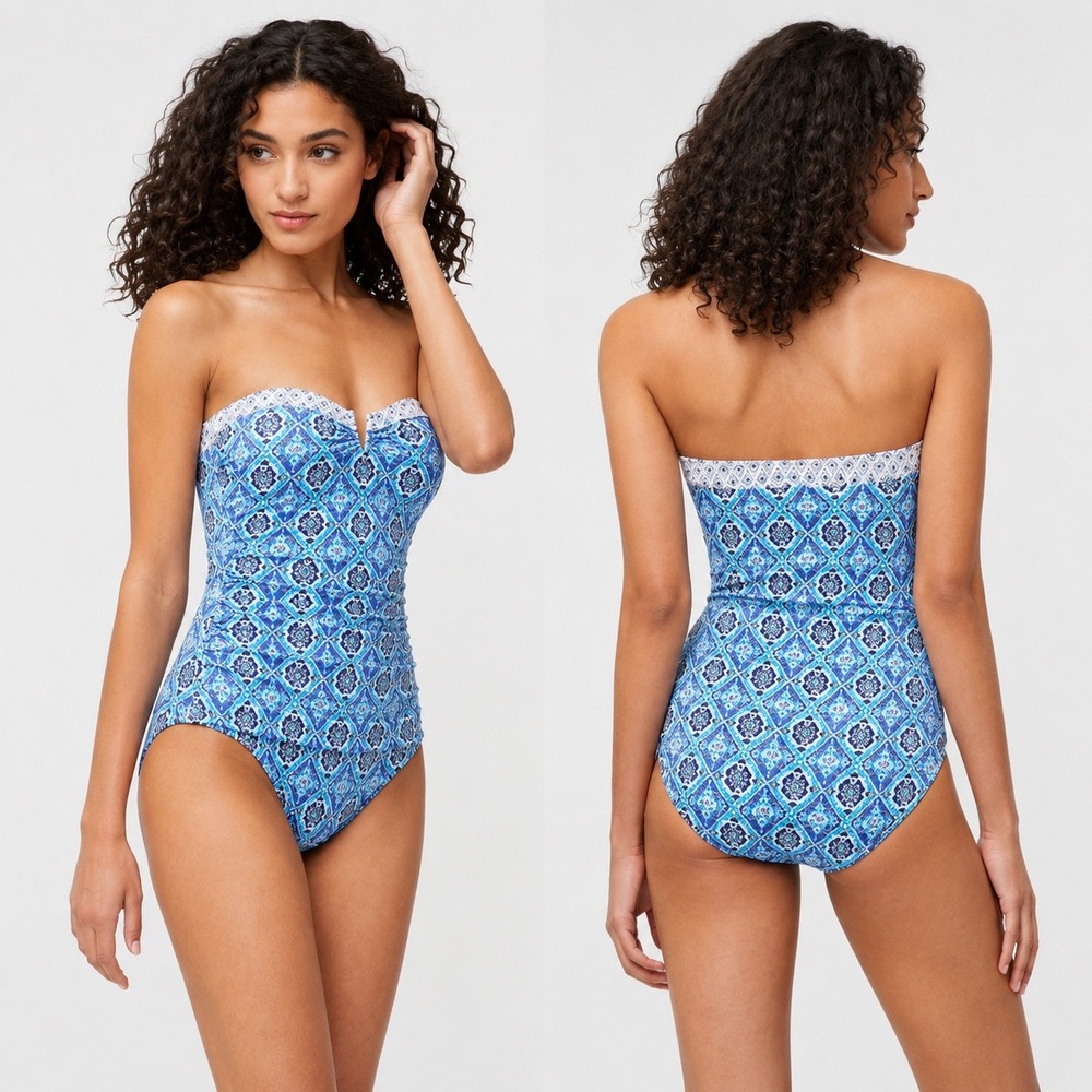 Tommy Bahama One Piece Swimsuit Womens 6 Blue Geometric Strapless Ruched Swim